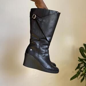 UGG Black knee high leather boots with‎ side buckle & sheepskin lining size 9